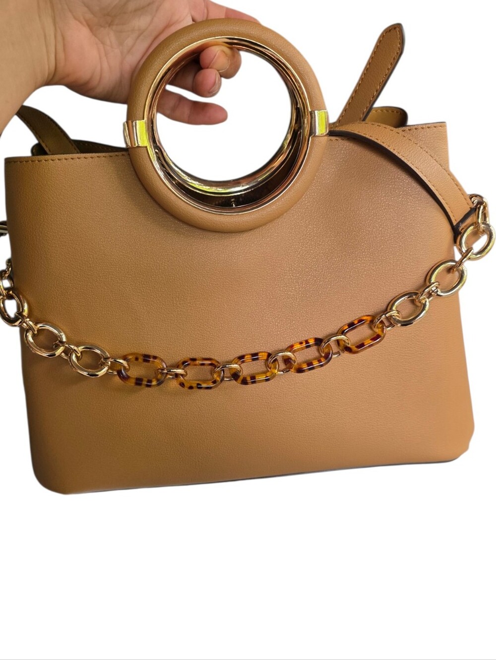 Aldo Tan Circle-Handle Tote Bag with Gold Chain Accent